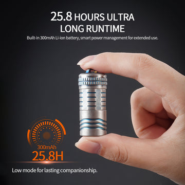 Hand holding a cylindrical battery with text about ultra-long runtime and battery capacity.